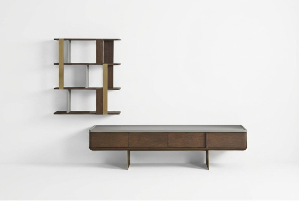 Set soggiorno marrone Mobile TV resistente Scaffali in legno design