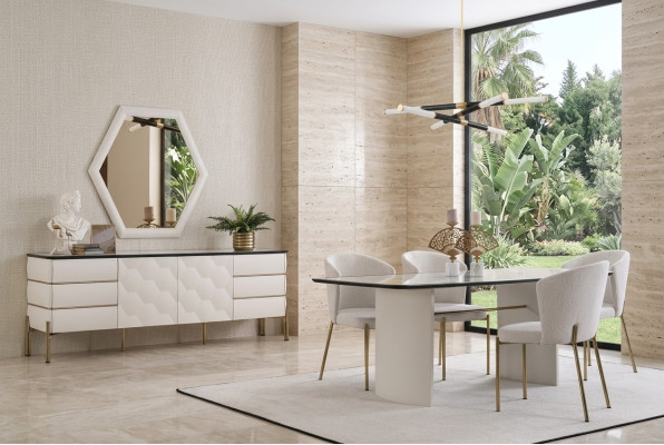 Elegante set da pranzo con grande tavolo da pranzo 4 sedie credenza specchio