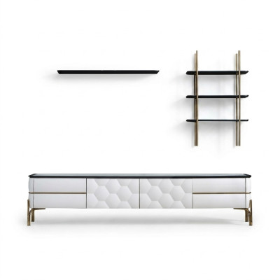 Mobile TV bianco, designer, 2 ripiani, set elegante per il soggiorno, 3 pezzi, nuovo.