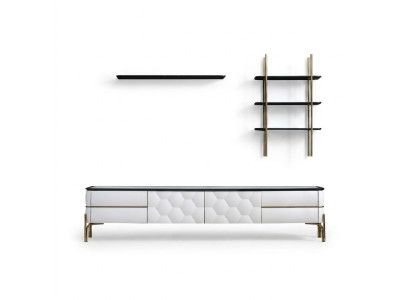 Mobile TV bianco, designer, 2 ripiani, set elegante per il soggiorno, 3 pezzi, nuovo.