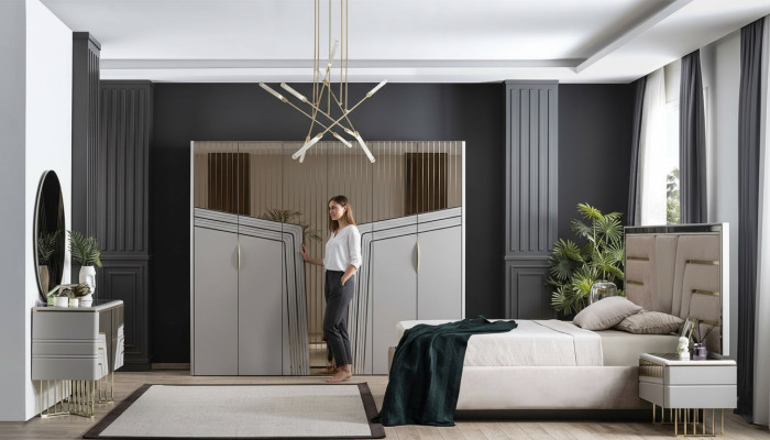 Set moderno per la camera da letto con letto di lusso, due comodini e armadio 6 pezzi.