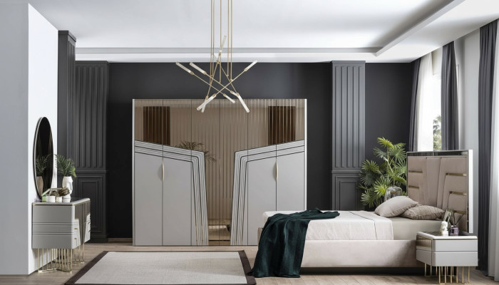 Set moderno per la camera da letto con letto di lusso, due comodini e armadio 6 pezzi.