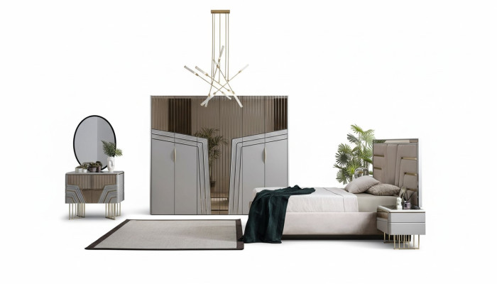Set moderno per la camera da letto con letto di lusso, due comodini e armadio 6 pezzi.