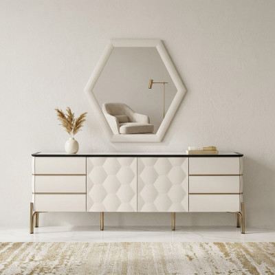 Moderne set da pranzo - Mobile bianco dello stilista con grande specchio, 2 pezzi.