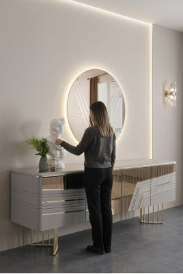 Mobile credenza in argento moderna con specchio rotondo e illuminazione a LED Set design 2 pezzi