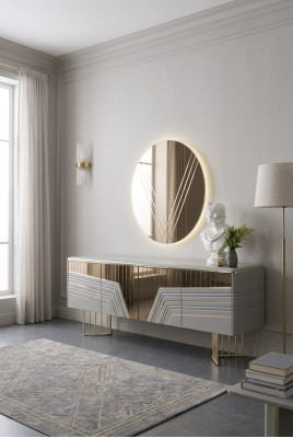 Mobile credenza in argento moderna con specchio rotondo e illuminazione a LED Set design 2 pezzi