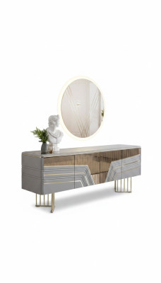 Mobile credenza in argento moderna con specchio rotondo e illuminazione a LED Set design 2 pezzi