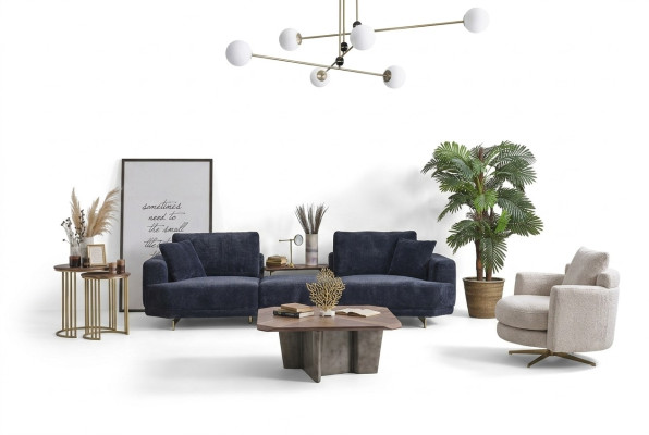 Divano a tre posti blu, poltrona bianca, set da soggiorno design a 2 pezzi.