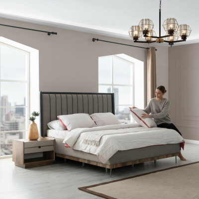 Set da camera da letto grigio Lussuoso letto 2 comodini Set elegante