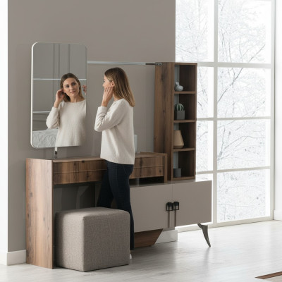 Moderno tavolino trucco in legno per camera da letto con specchio, arredamento di lusso di design.