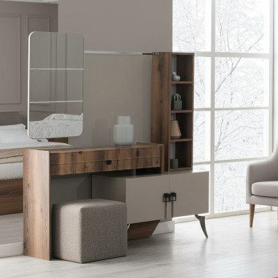 Moderno tavolino trucco in legno per camera da letto con specchio, arredamento di lusso di design.
