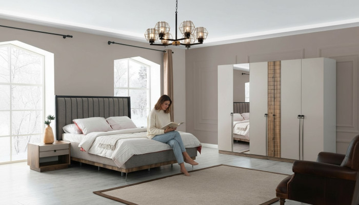 Camera da letto Moderno set Tessile Letto matrimoniale Legno Armadio 4 pezzi