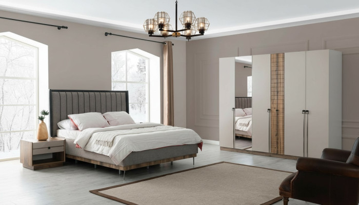 Camera da letto Moderno set Tessile Letto matrimoniale Legno Armadio 4 pezzi