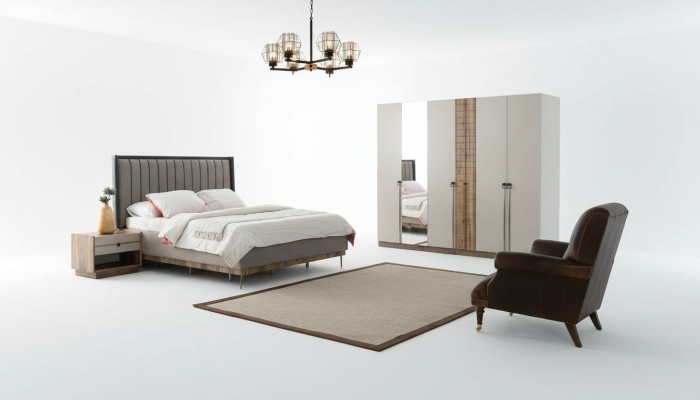 Camera da letto Moderno set Tessile Letto matrimoniale Legno Armadio 4 pezzi