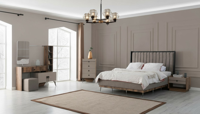 Set da camera grigio con letto matrimoniale 2 comodini in legno toeletta