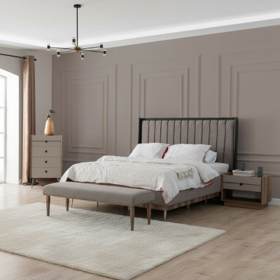 Camera da letto grigia con letto design, struttura in legno, letti in tessuto di pregio.