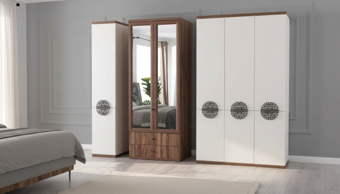 Armadio in legno bianco per camera da letto, design di mobili. Armadio moderno.