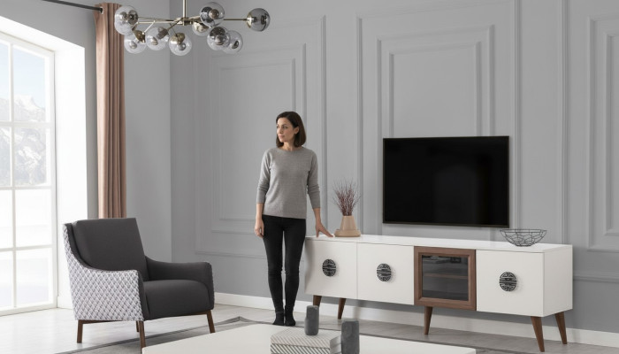 Set da soggiorno bianco Mobile porta TV Tavolino rettangolare in legno Mobili
