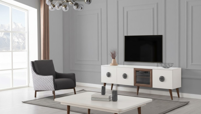 Set da soggiorno bianco Mobile porta TV Tavolino rettangolare in legno Mobili