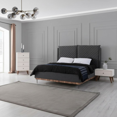 Grigio-bianco set da camera da letto con letto comodini e cassettiera a 4 cassetti.