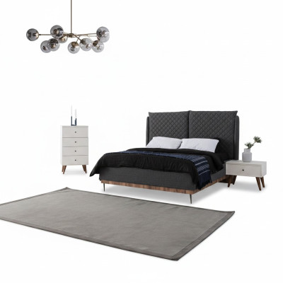 Grigio-bianco set da camera da letto con letto comodini e cassettiera a 4 cassetti.