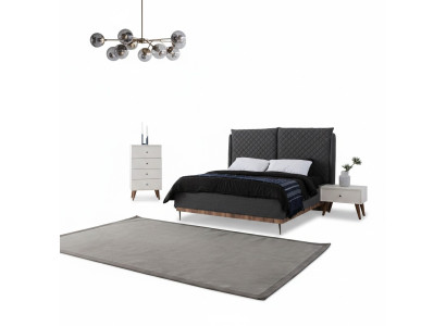 Grigio-bianco set da camera da letto con letto comodini e cassettiera a 4 cassetti.
