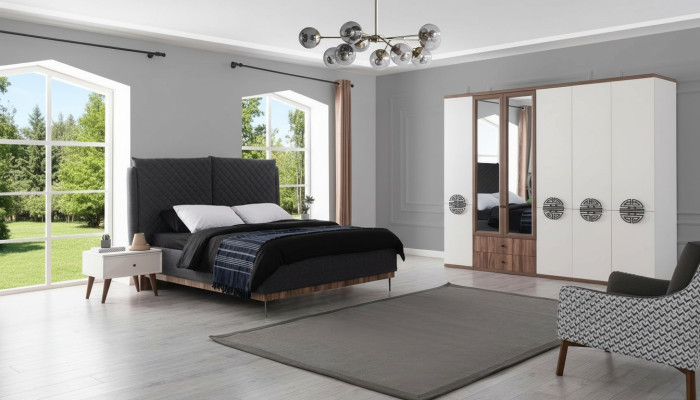 Set da camera da letto moderna, letto matrimoniale di design, armadio, comodini.