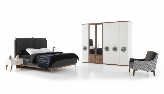 Set da camera da letto moderna, letto matrimoniale di design, armadio, comodini.