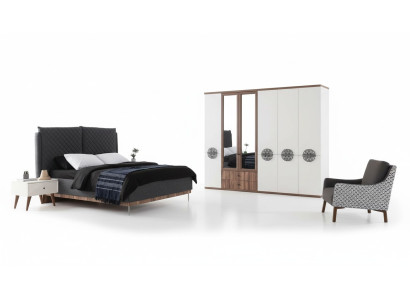 Set da camera da letto moderna, letto matrimoniale di design, armadio, comodini.