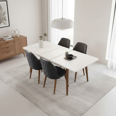 Set da pranzo, tavolo da pranzo bianco con 4 sedie imbottite, tavolo in legno di lusso, set da 5 pezzi.