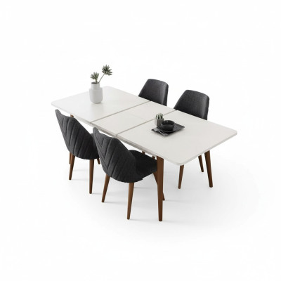 Set da pranzo, tavolo da pranzo bianco con 4 sedie imbottite, tavolo in legno di lusso, set da 5 pezzi.