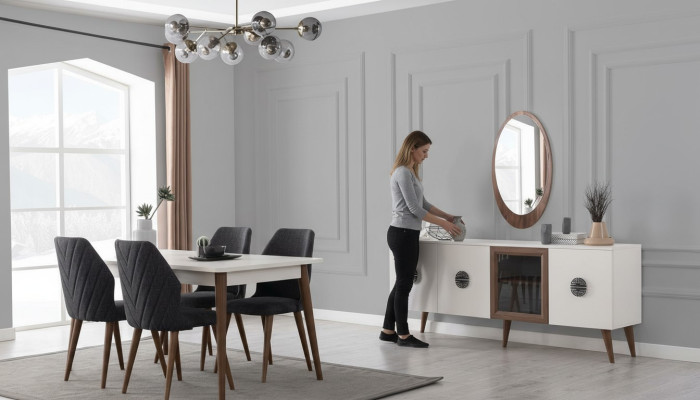 Mobili da sala da pranzo in bianco e nero, sideboard da designer, tavolo da pranzo di lusso, sedie.