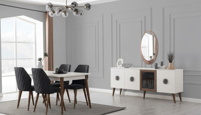 Mobili da sala da pranzo in bianco e nero, sideboard da designer, tavolo da pranzo di lusso, sedie.