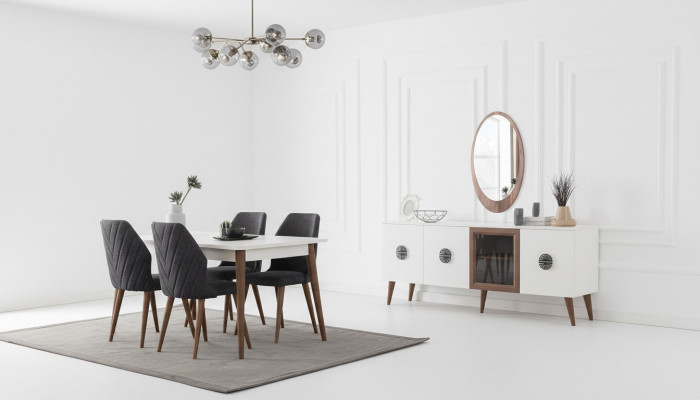 Mobili da sala da pranzo in bianco e nero, sideboard da designer, tavolo da pranzo di lusso, sedie.