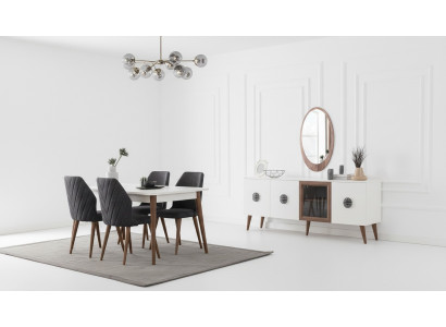 Mobili da sala da pranzo in bianco e nero, sideboard da designer, tavolo da pranzo di lusso, sedie.