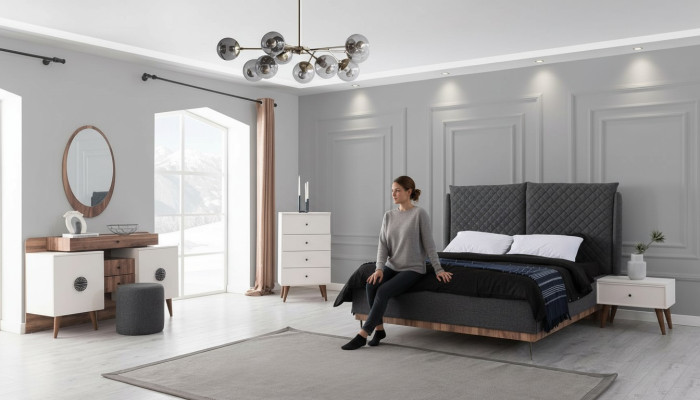 Set da camera da letto in bianco e nero, letto di design, toilette, comò 6 pezzi