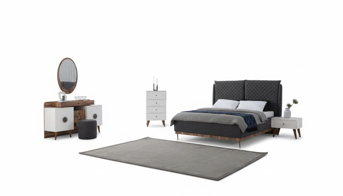 Set da camera da letto in bianco e nero, letto di design, toilette, comò 6 pezzi