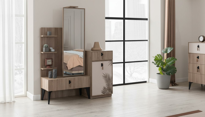 Camera da letto lussuosa, moderna cassettiera con specchio, mobili moderni in legno nuovi.