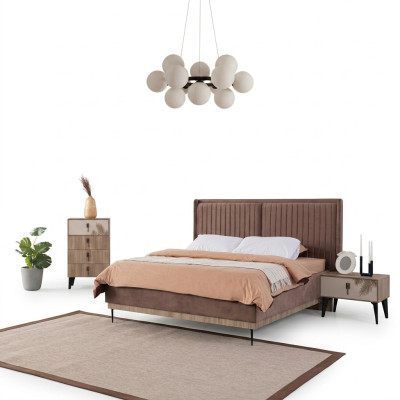 Camera da letto marrone con letto matrimoniale in legno di design, moderno, 2 comodini.