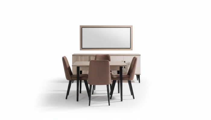 Marrone set da pranzo di lusso: tavolo da pranzo, 4 sedie, credenza, specchio.