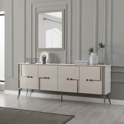 Set da sala da pranzo moderno Designer credenza a 4 ante con specchio di lusso, 2 pezzi.