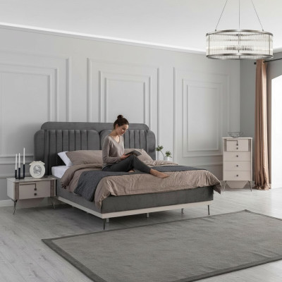 Camera da letto Moderno set Letto matrimoniale grigio 2 comodini design 3 pezzi