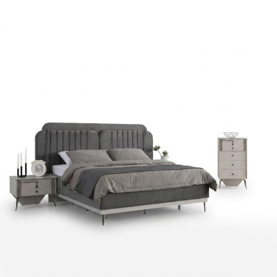 Camera da letto Moderno set Letto matrimoniale grigio 2 comodini design 3 pezzi