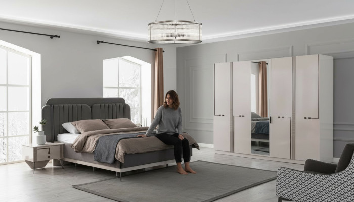 Set camera da letto moderna con letto matrimoniale comodino armadio di lusso.