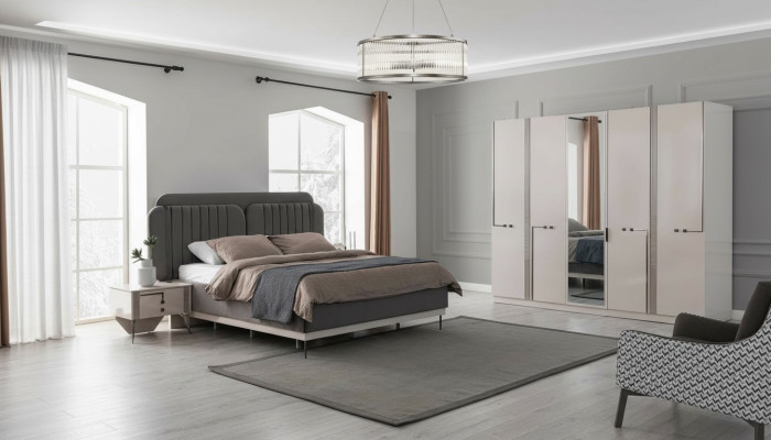 Set camera da letto moderna con letto matrimoniale comodino armadio di lusso.
