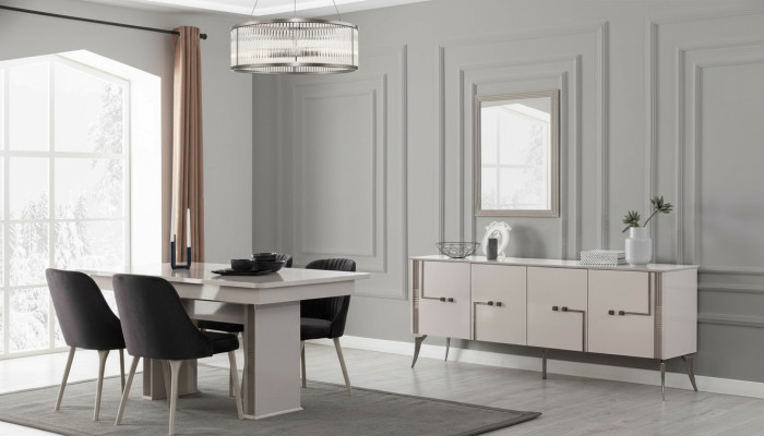 Sala da pranzo di colore bianco antico - Grande tavolo da pranzo, 4 sedie in tessuto, credenza