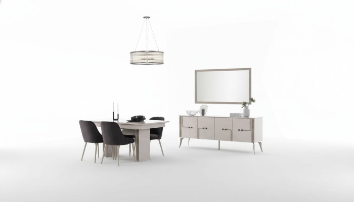 Sala da pranzo di colore bianco antico - Grande tavolo da pranzo, 4 sedie in tessuto, credenza