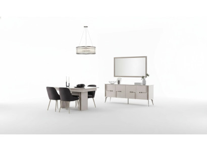 Sala da pranzo di colore bianco antico - Grande tavolo da pranzo, 4 sedie in tessuto, credenza