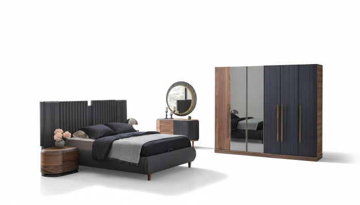 Set da camera da letto nero-beige con letto matrimoniale di design e 2 comodini.