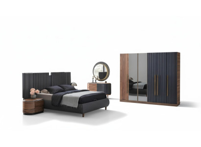 Set da camera da letto nero-beige con letto matrimoniale di design e 2 comodini.